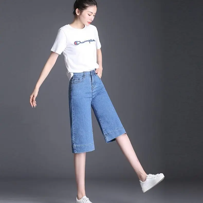 Knee Light blue Летние женские джинсовые синие джинсовые брюки длиной до щиколотки с высокой талией осенние свободные широкие брюки больших размеров - Цвет: Knee Light blue
