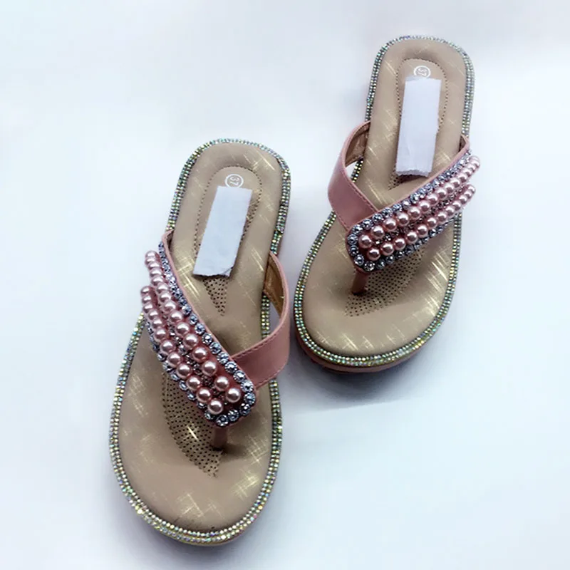 Вьетнамки из искусственной кожи с розовым жемчугом женские пляжные сандалии