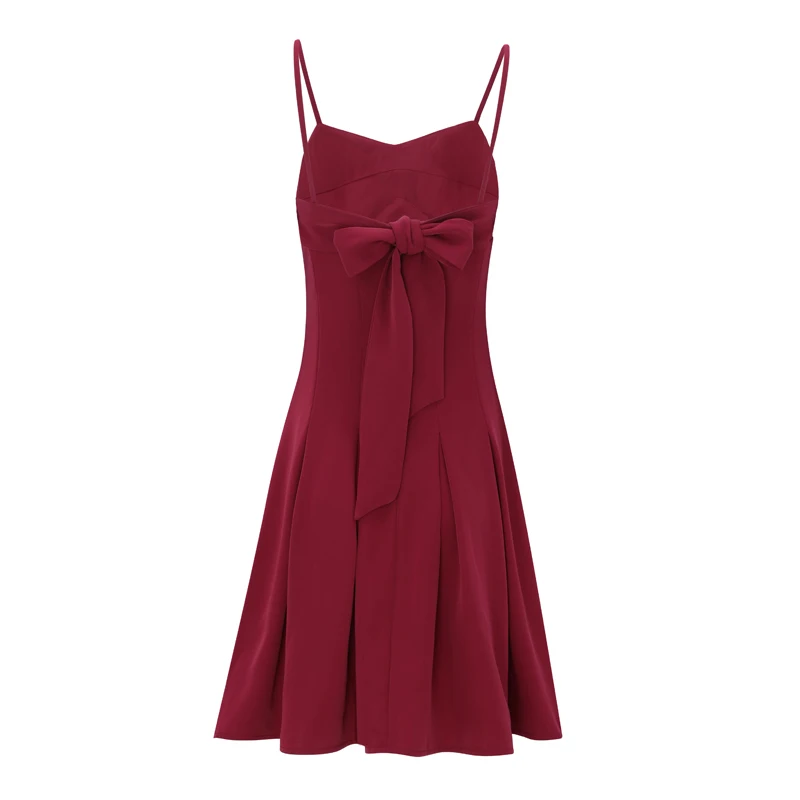 

Max Spri 2019 New Fashion V Neck Spaghetti Strap Backless Bow Tie Draped Hem A-line Claret Red Knee-Length Women Party Dress
