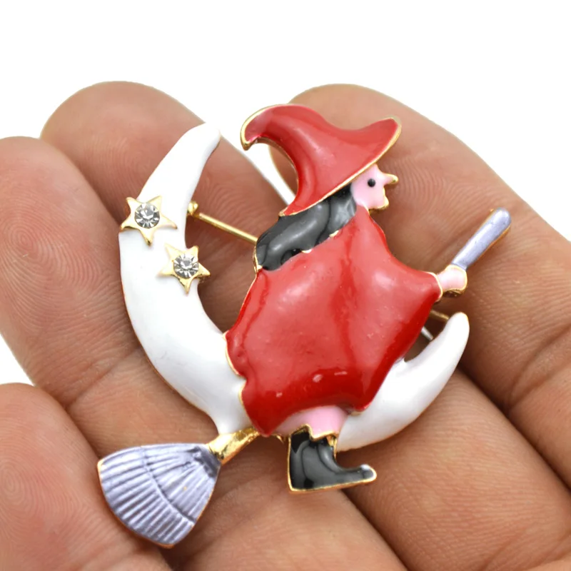 Лот 6 шт Женская мода эмаль Хэллоуин ведьма метла Луна Звезда Брошь булавка