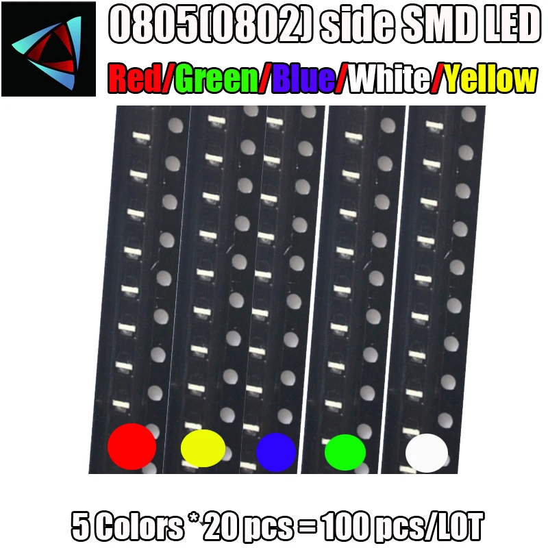 100 шт. (5 цветов x 20 шт.) сторона SMD 0805 (0802) светодиодный белый красный зеленый желтый