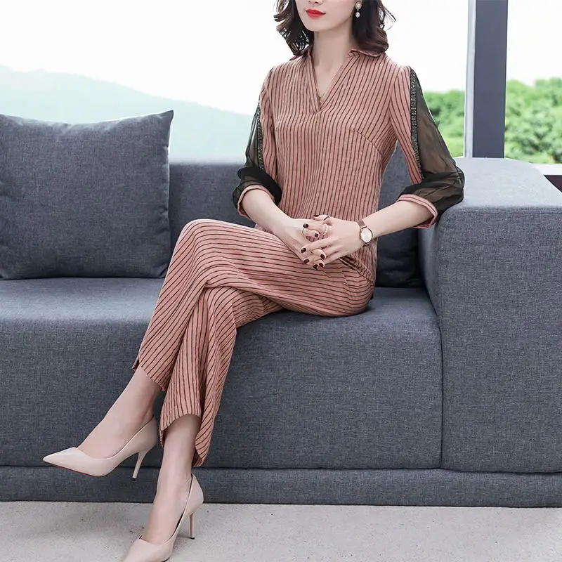 Женские свободные блузки в полоску с сеткой + широкие брюки комплекты из 2