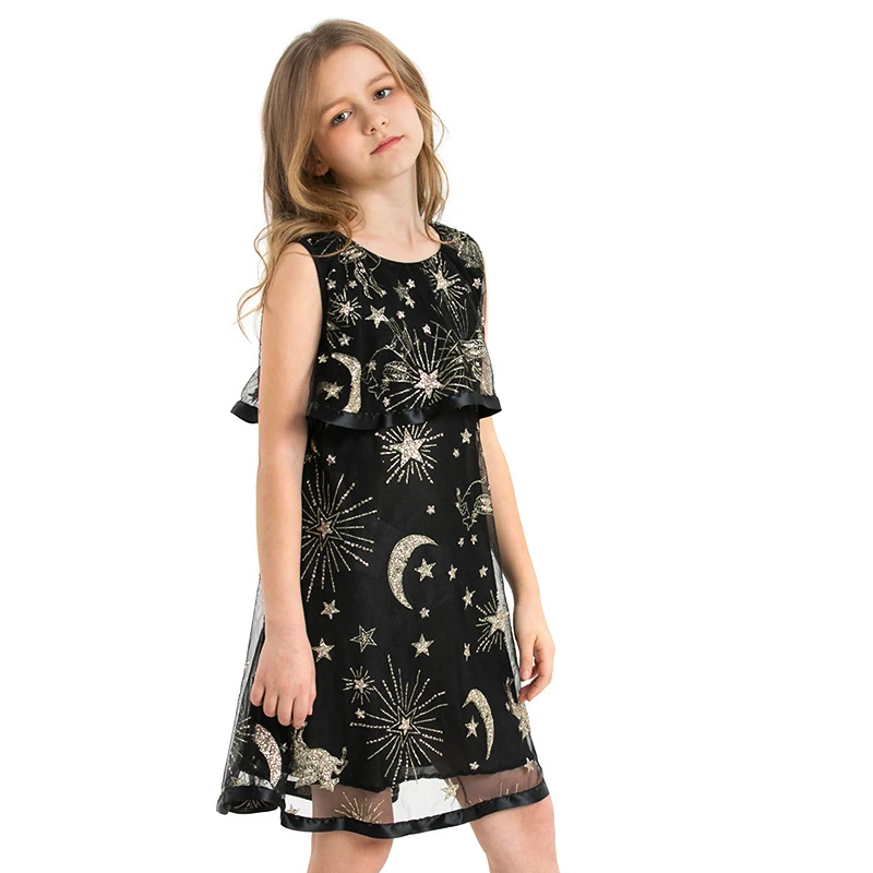 2019 New Girls Dress Summer Voile Teens Costume Black Sequined Star Moon Teenage Princess Outfits for 10 11 12 14 Years | Детская одежда