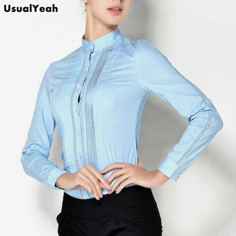 Женская блузка с длинным рукавом белая формальная воротником стойкой и кружевом