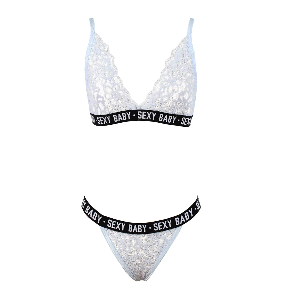 Синий Женский сексуальный кружевной Bralette набор белья, бюстгальтер короткий, с буквенным принтом топы и стринги трусики нижнее белье бикини бюстгальтер brasier mujer - Цвет: Синий