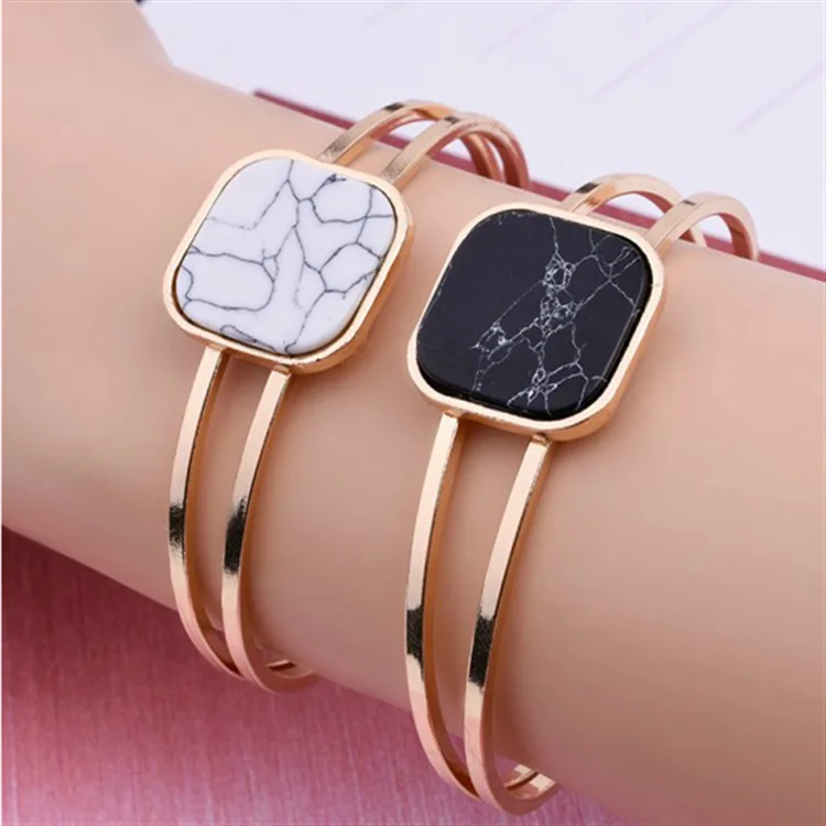 Горячий Золотой браслет Модный женский черный белый квадратный камень Любовь