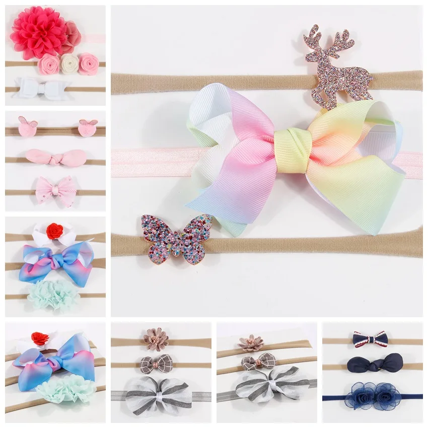 

Yundfly 3pcs/lot Kids Headband Ribbon Bowknot Flower Hairbands Hairbow with Stretchy Nylon Band Girls' Boutique Hair Accessories