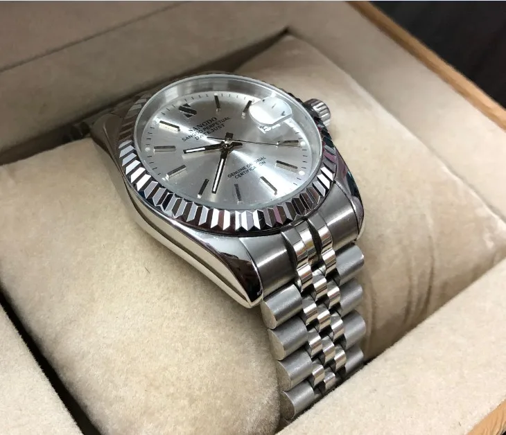 Деловые часы Sangdo 37 5 мм серебристо белый циферблат автоматическое самодвижение