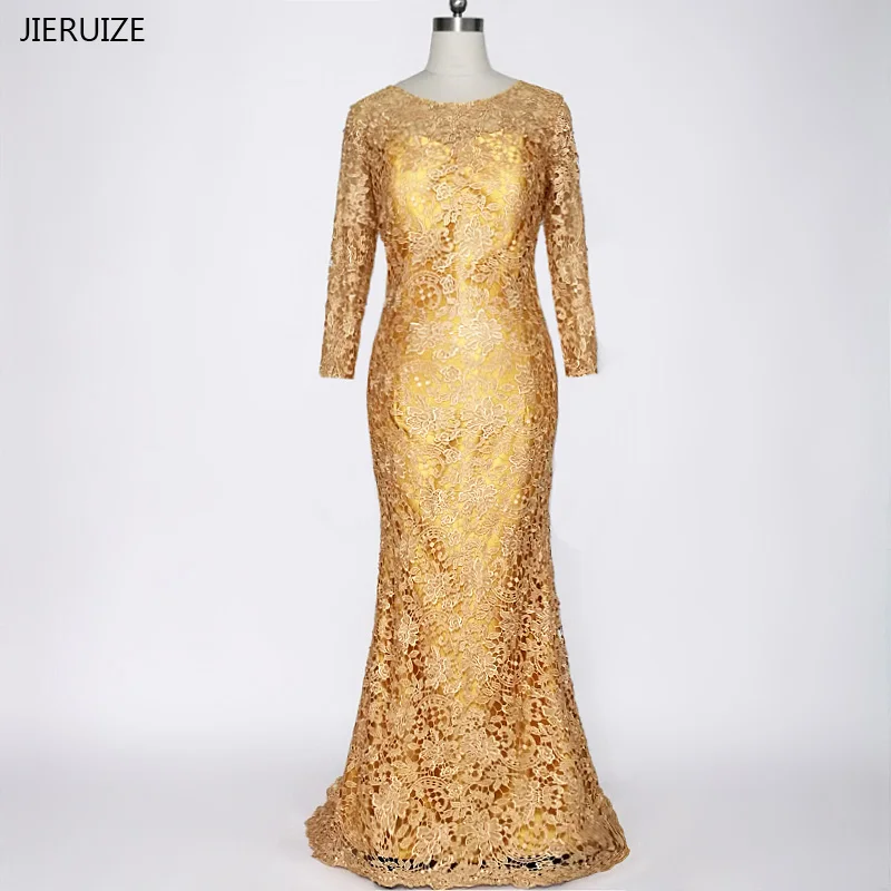 

JIERUIZE robe de soiree Gold Lace Mermaid Long Evening Dresses Long Sleeves Mother of the Bride Dress Formal Dress abendkleider