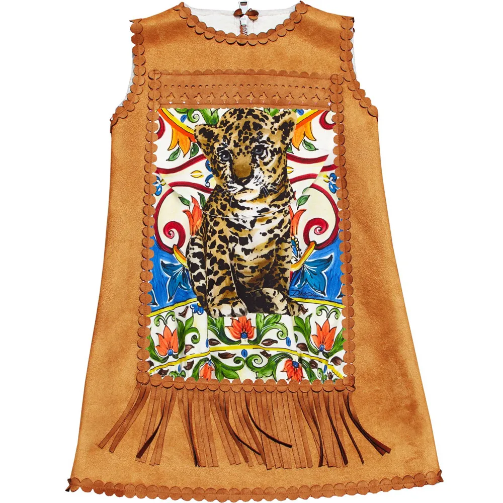 Детское платье с искусственным мехом леопардовым принтом | Детская одежда и