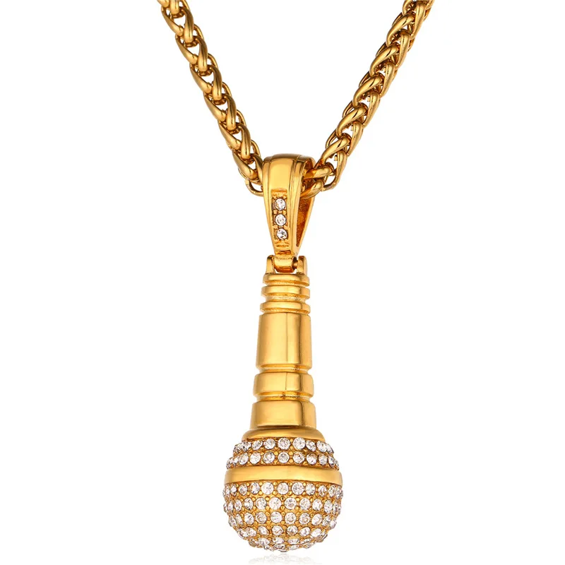 

Kpop Rhinestone Microphone Necklace Women Charm Pendant Gold Color Stainless Steel Voice Of US Necklaces Men Jewelry P132