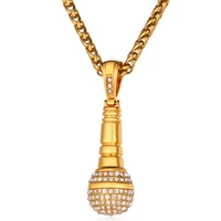 kpop rhinestone microphone necklace women charm pendant gold color stainless steel voice of us necklaces men jewelry p132