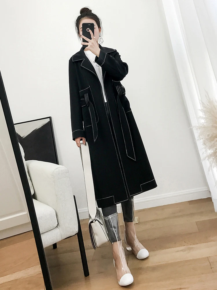 

Medium-long Female Trenchcoats New Spring Slim Waist Ultra Long Women Trench Coat Chic Women Black Windbreaker Casual