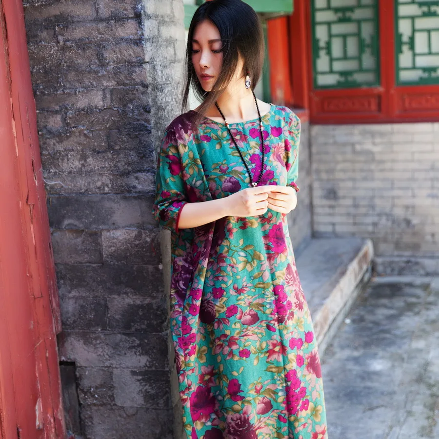 Женское летнее платье из хлопка и льна Свободное длинное дышащее с цветочным