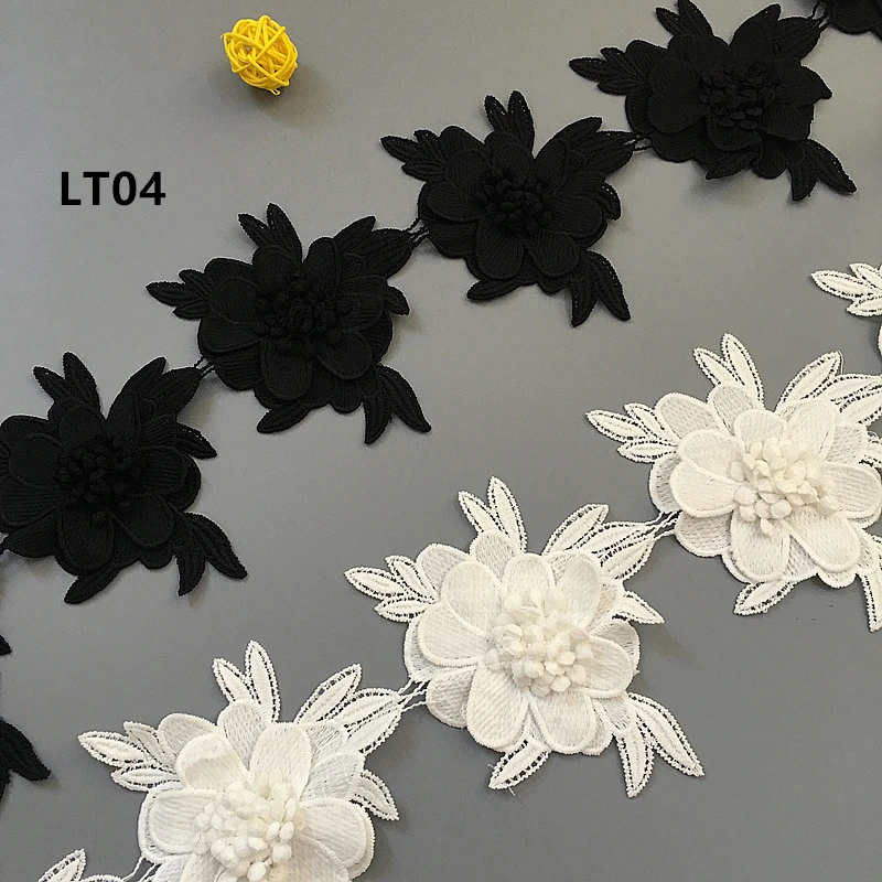 Ширина 13 см вышивка белый черный 3D цветок кружевная отделка DIY Аппликация на одежду украшения кружева ленты LT04