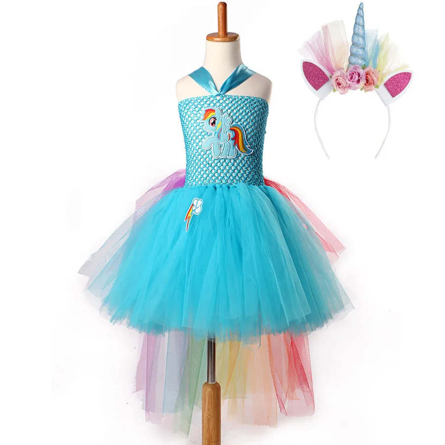 dress and headband Радужное платье-пачка с хвостом для девочек в стиле пони; Детский костюм для фотосессии на день рождения; костюм на Хэллоуин; детское платье-пачка с единорогом - Цвет: dress and headband