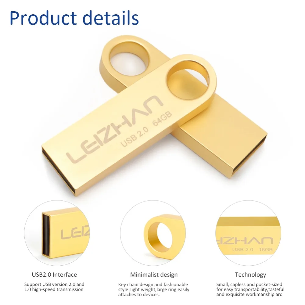 USB флеш накопитель LEIZHAN металлическая Флешка 2 0 64 ГБ 32 16 8 4 Гб водонепроницаемый