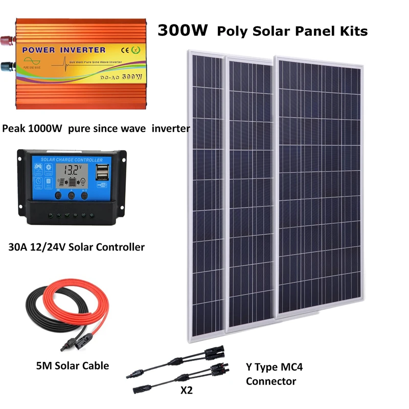 

300W Solar Panel Kit with peak 1000w pure since wave inverter: 3*100W Poly Solar Panel, PWM 30A LCD Controller Off Grid System