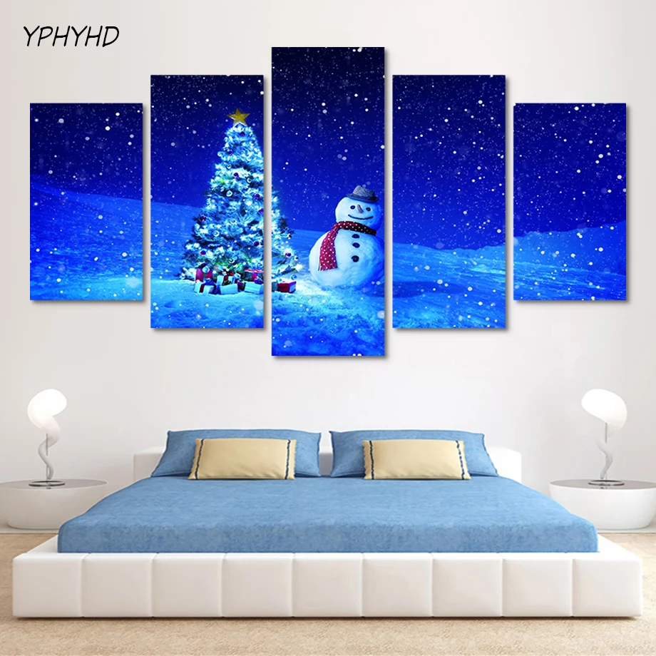YPHYHD Modern Frame Modular Wall Paintings 5 Panel Christmas Tree Landscape HD Poster Decoration Print on Canvas Home | Дом и сад