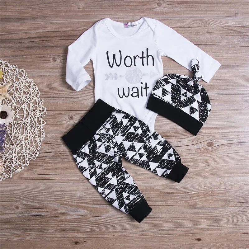 

2018 Infant Newborn 3PCS Baby Boys Letter Romper Tops+Hat+Triangle Trousers Pants Clothes Outfits 0-18M Cotton Soft Clothing