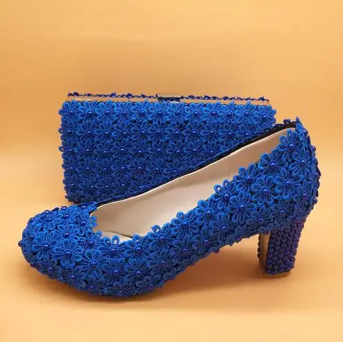 7cm shoe with bag BaoYaFang/Модные женские свадебные туфли на толстом каблуке, ярко-голубой цветок, обувь на платформе и высоком каблуке, с сумочкой в комплекте - Цвет: 7cm shoe with bag