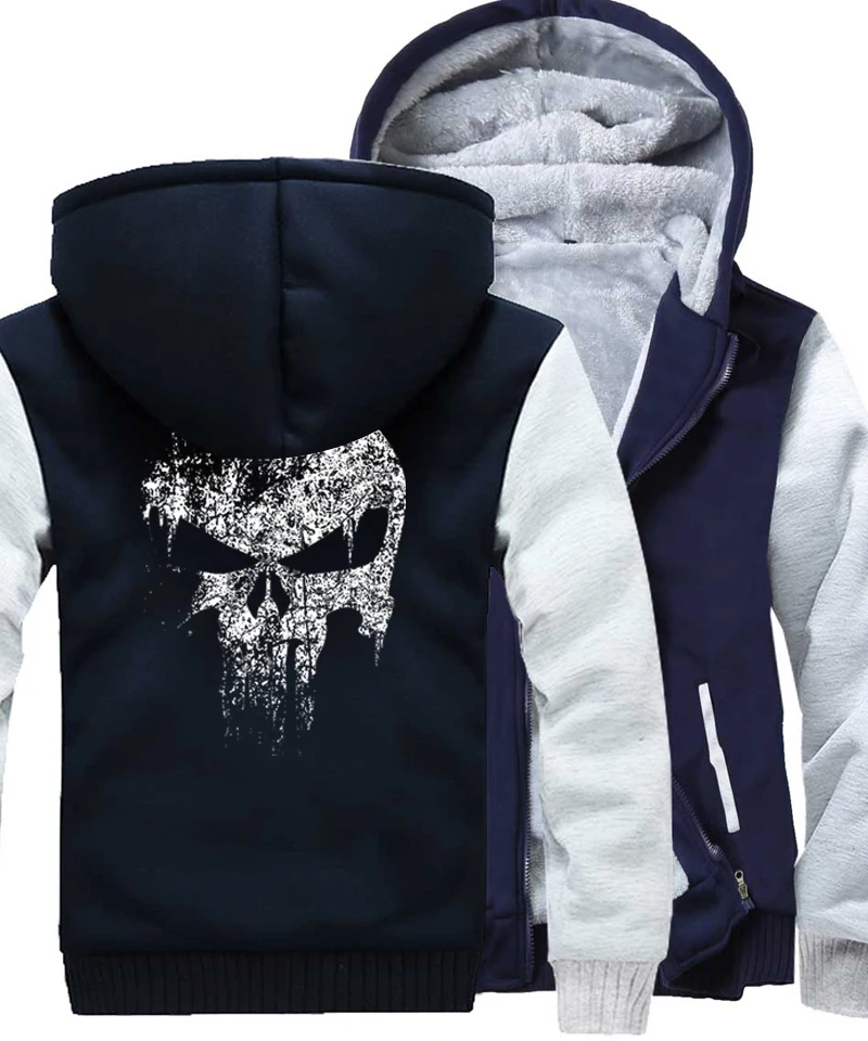light gray dark blue Мужская спортивная одежда Харадзюку С Капюшоном зимняя флисовая Высококачественная плотная толстовка с капюшоном для мужчин Толстовка с принтом Каратель Череп Панк - Цвет: light gray dark blue