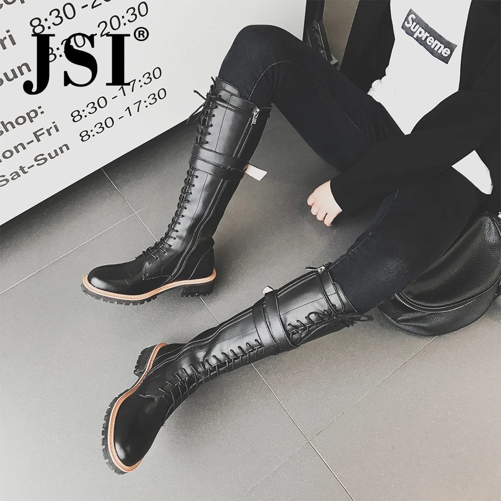 JSI/модные женские ботильоны классические женские ботинки на платформе в стиле панк зимние ботинки на среднем каблуке со шнуровкой Женская обувь с круглым носком, JO278