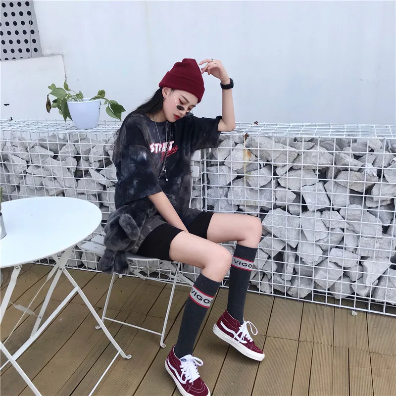 Tie Dye Gradient, большие размеры, свободные, более размера, модные, Harajuku, Женские топы с буквенным принтом, хип-хоп, короткий рукав, повседневная парная футболка