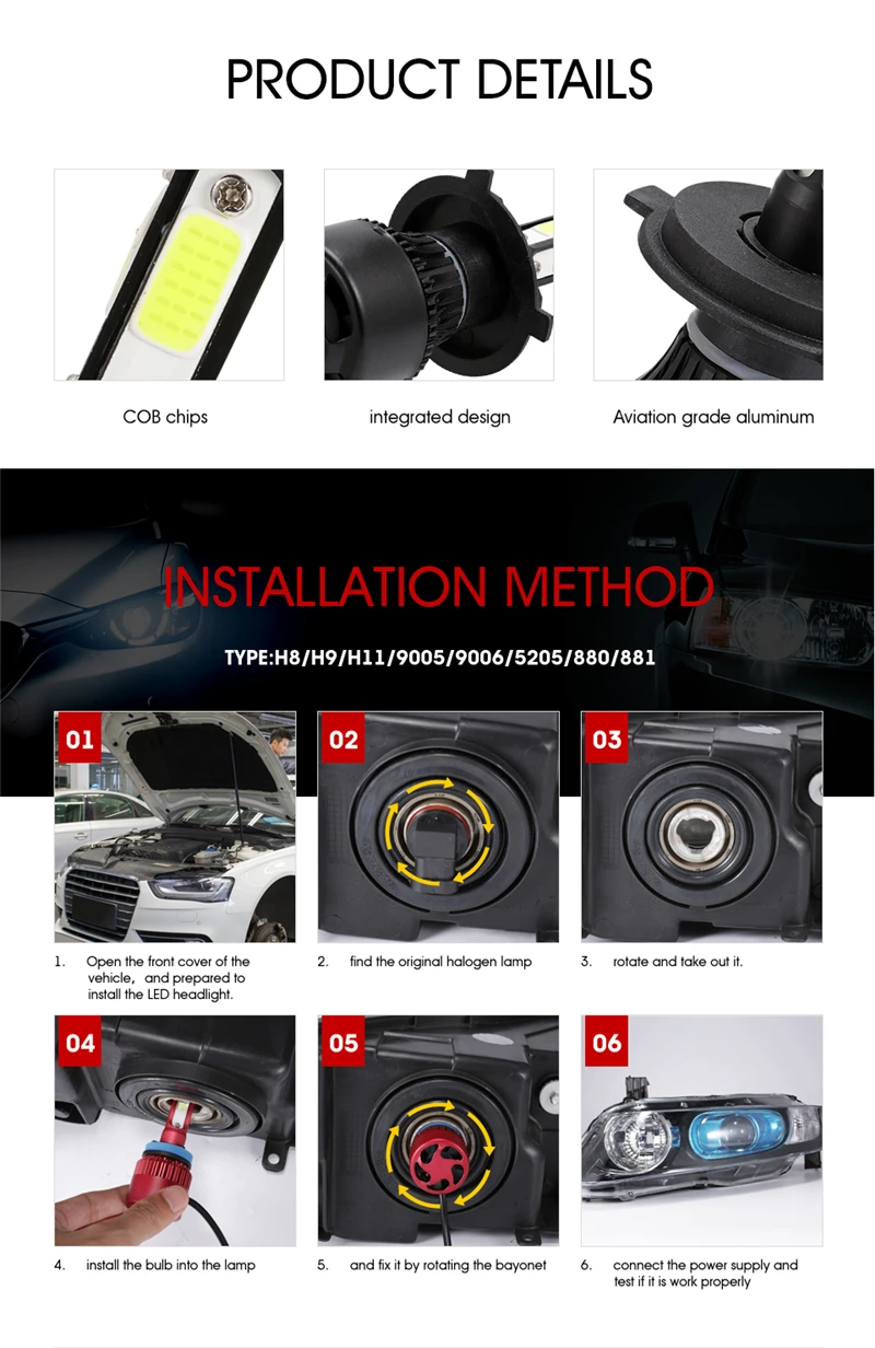 Auxmart H7 H4 H11 светодиодный Хеа светильник лампочка HB3 9005 HB4 9006 H13 светодиодный светильник авто 100 Вт 10000lm 6500K светодиодный налобный фонарь, набор, автомобильные инструменты для светильник H 7 11 4