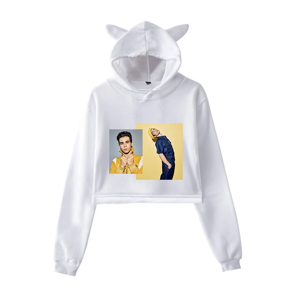 

Cameron Boyce Fashion Printed Cat Cropped Hoodies Women Long Sleeve Hooded Pullover Crop Tops 2019 Hot Sale Streetwear Clothes