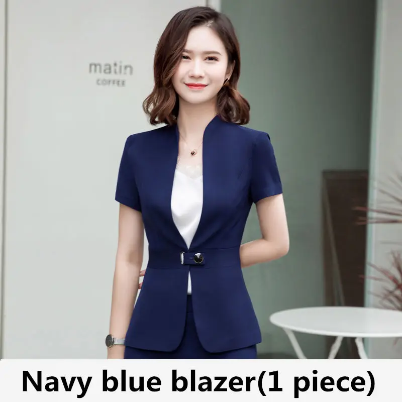 Navy blue blazer Dushicolorful юбка костюм женский комплект из двух предметов с коротким рукавом офисная одежда Дамская мини юбка комплект летняя черная деловая униформа - Цвет: Navy blue blazer