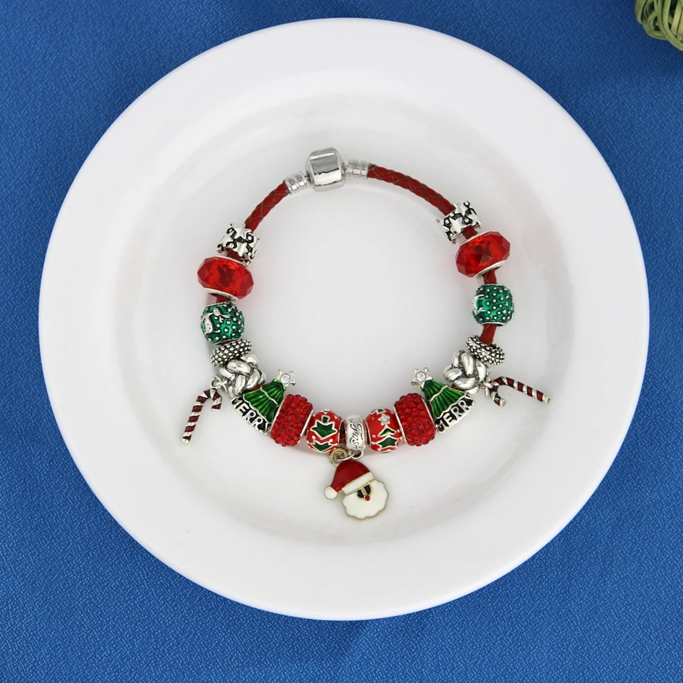 KEORMA рождественские кожаные браслеты с цепочкой бусины Санта Клауса