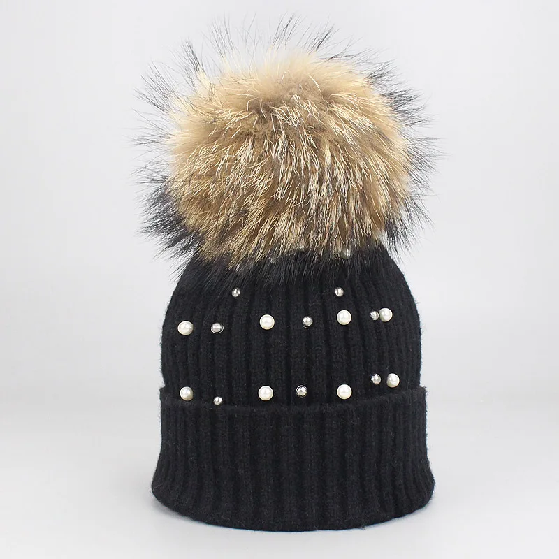 I New Wool Beanies Women Real Natural Fur Pom Poms Fashion Pearl Knitted Hat Girls Female Beanie Cap Pompom Winter Hats for Women - Цвет: I