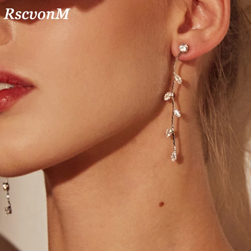 

RscvonM Silver Color Leave Crystal Wedding Long Earrings Floral Shape Chandelier Earrings for Women Brides Bridesmaid Christmas