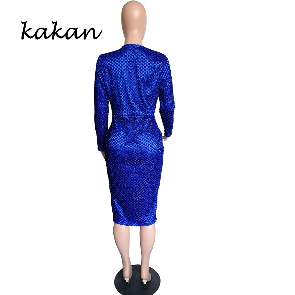 

Kakan 2019 spring new women's sequin dress sexy V-neck irregular long-sleeved blue black dress club party dress