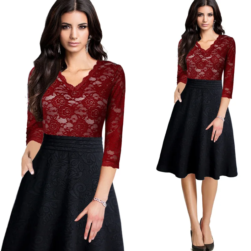 Red and Black 2 Vfemage женское винтажное элегантное Прозрачное цветочное кружевное платье с карманами и рюшами Vestidos Pinup деловые вечерние платья трапециевидной формы 396 - Цвет: Red and Black 2