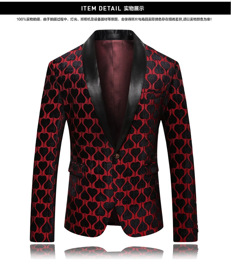 Quality Men New Pattern Blazer Jacket One Buttons Long Sleeve Spring Blazer Men Casual Costume Homme Slim Fit Suit Men Red Black