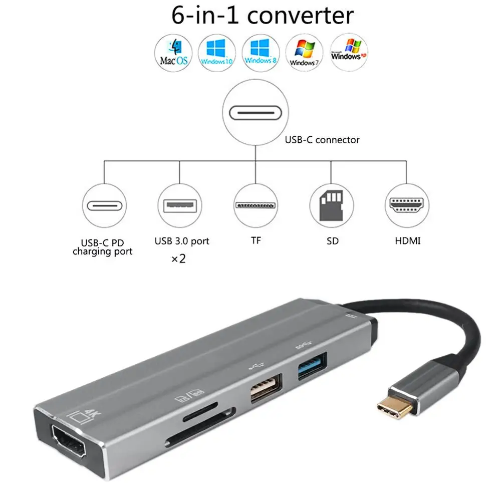 6 в 1 4K HD USB-C концентратор видео аудио кабель адаптер Тип C к HDMI usb 3,0/usb 2,0 с SD/TF кард-ридер Тип C USB концентраторы