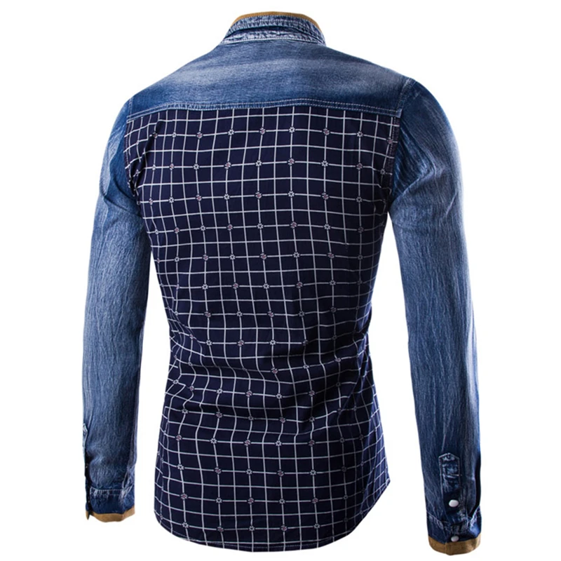 Мода 2017 г. Для мужчин Джинсовые рубашки с длинным рукавом Camisa masculina синего