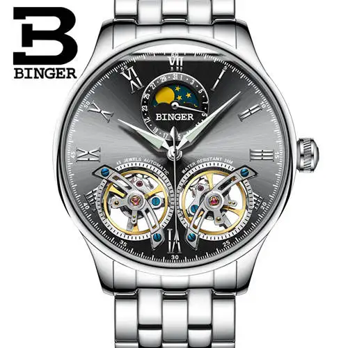 Silv black B8606A st Двойной Tourbillon, швейцарские мужские часы, BINGER, оригинальные автоматические часы, мужские Модные механические наручные часы, кожаные часы - Цвет: Silv black B8606A st
