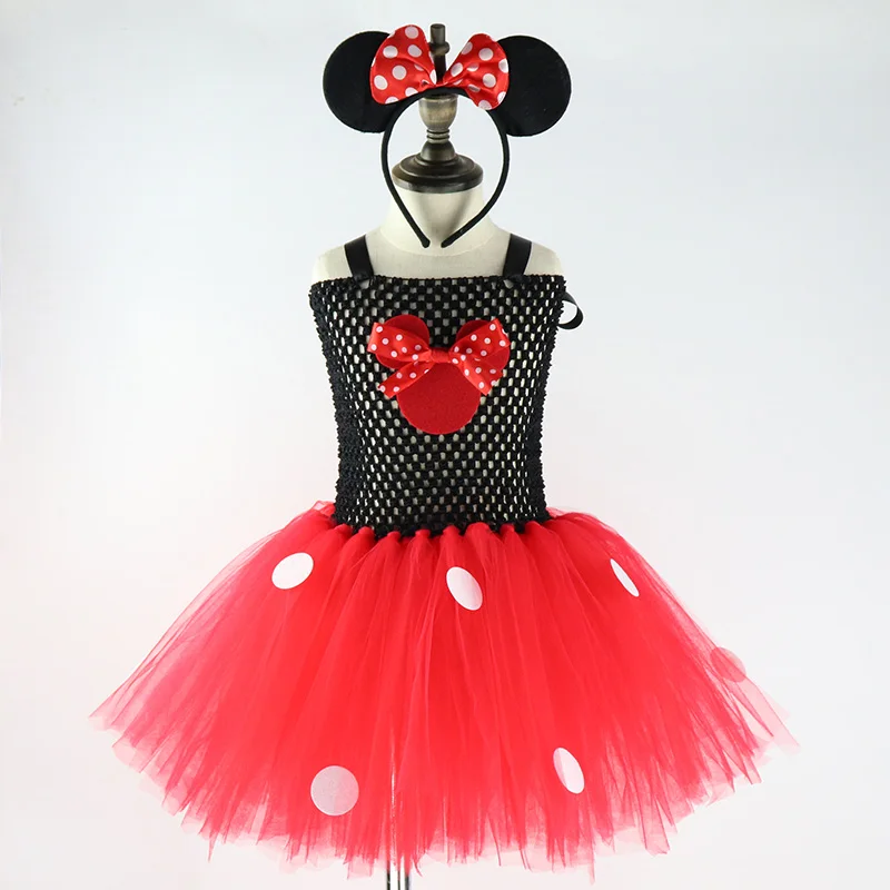 red with headband Детские розовые и красные платья в горошек с бантом и Минни Маус; платье-пачка для маленьких девочек; костюм Минни; платья на Хэллоуин, Рождество, День рождения; XX025 - Цвет: red with headband