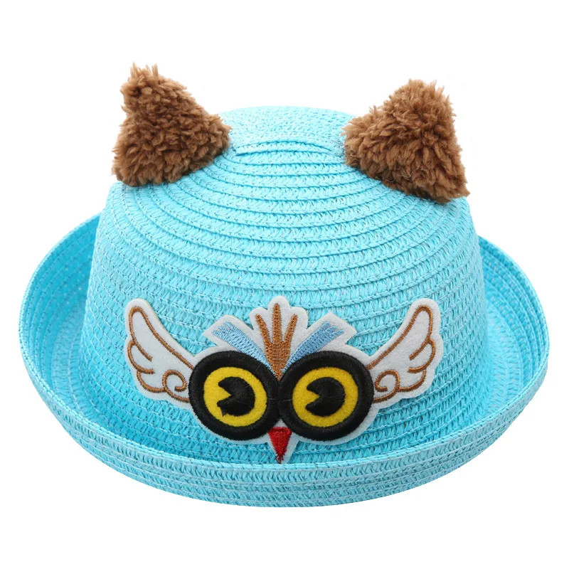 blue bird Детские шляпы, летние Панамы для девочек, милые соломенные кепки с рисунком котенка для мальчиков, детские шляпы в стиле хип-хоп с изображением милого медведя для девочек - Цвет: blue bird