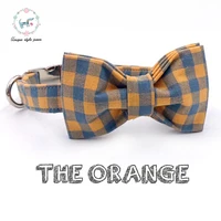 dog collar with bow tie orange and blue plaid cotton adjustable training dog and cat necklace and dog leash dog accessories