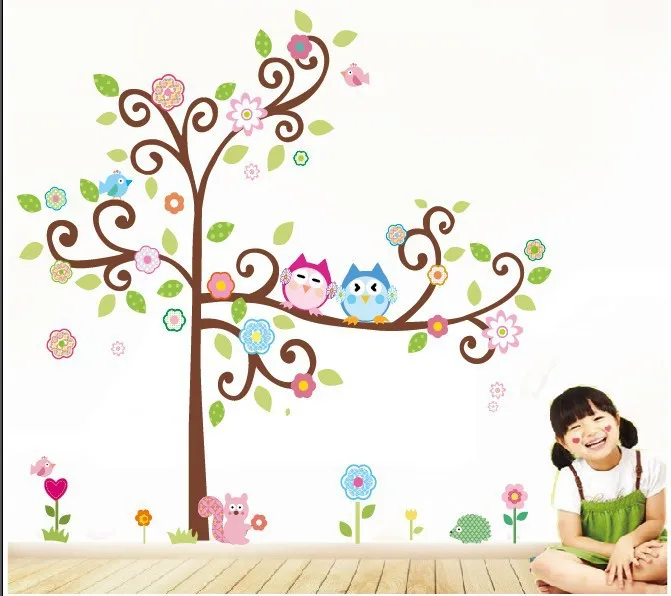 Большой размер 145 * 150 см совы розовый цветок дерево стикер стены для детей спальне