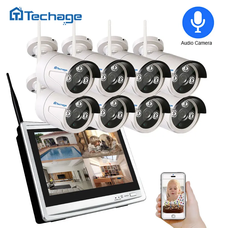 Techage 8CH 1080P Беспроводной NVR комплект WiFi CCTV система 12 &quotЖК монитор экран 2MP уличная
