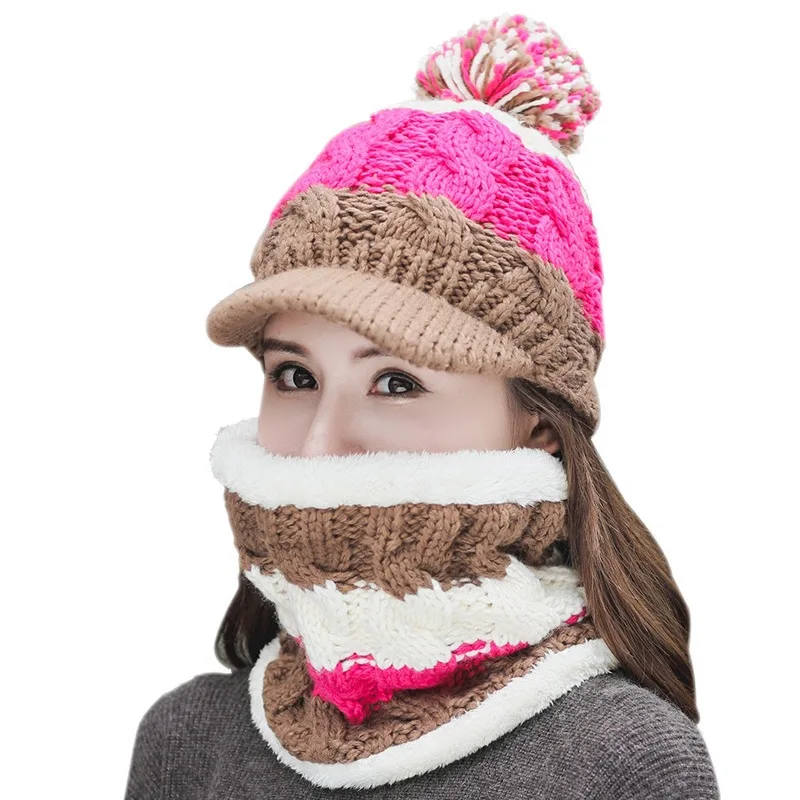 Модные женские осенне-зимние комплекты с шапкой и шарфом вязаные уплотненные