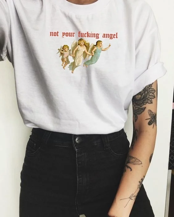 HAHAYULE-JBH, 1 шт., Милая футболка с надписью «Not Your Angel» и надписью «Three Cupids» в винтажном стиле, модные хипстеры в стиле гранж с принтом