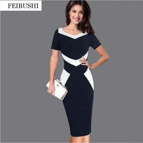 Женское черное винтажное платье FEIBUSHI, повседневное облегающее платье-карандаш для офиса и вечерние, 5612