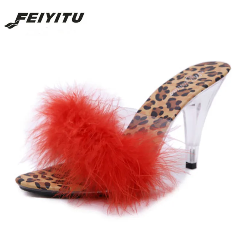 FeiYiTu/обувь Женские летние сандалии Шлепанцы с перьями и слайды на высоких