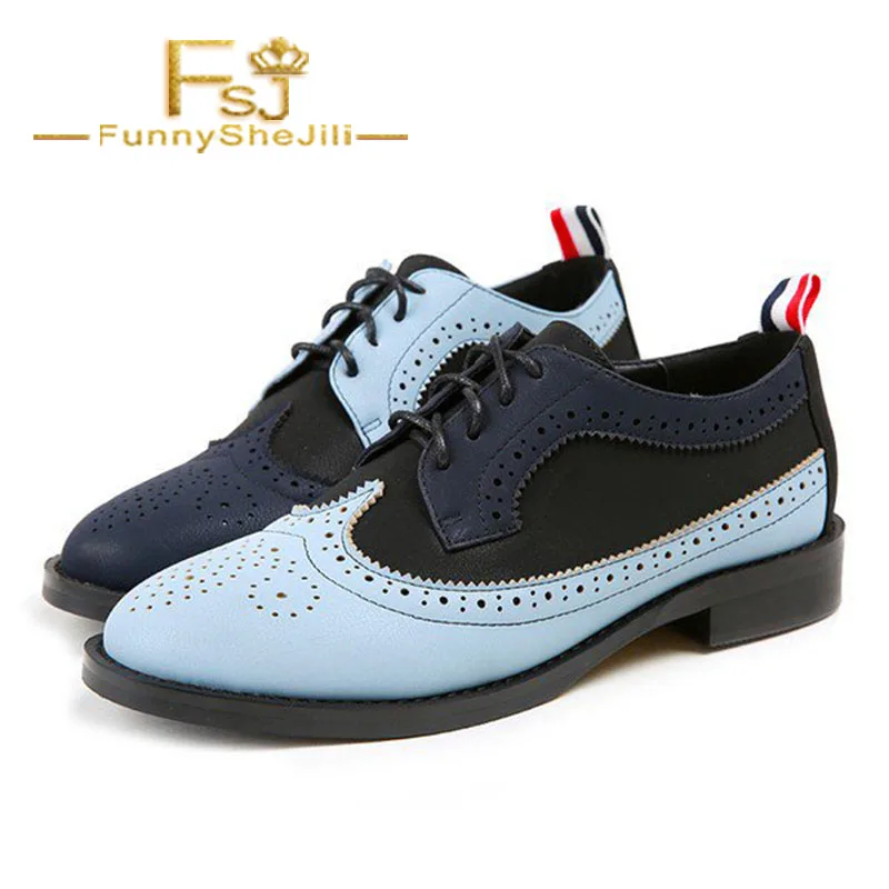 Синие и темно-синие женские оксфорды на шнуровке винтажные броги школьные туфли